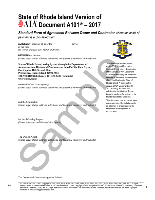 State of rhode island version of aia document a101 2017 owner